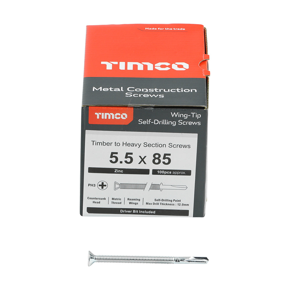 This is an image of Timco - Metal Construction Timber to Heavy Section Screws - Countersunk - Wing-Tip - Self-Drilling - Zinc 5.5 x 85mm - (100 PCS Box) HW85B