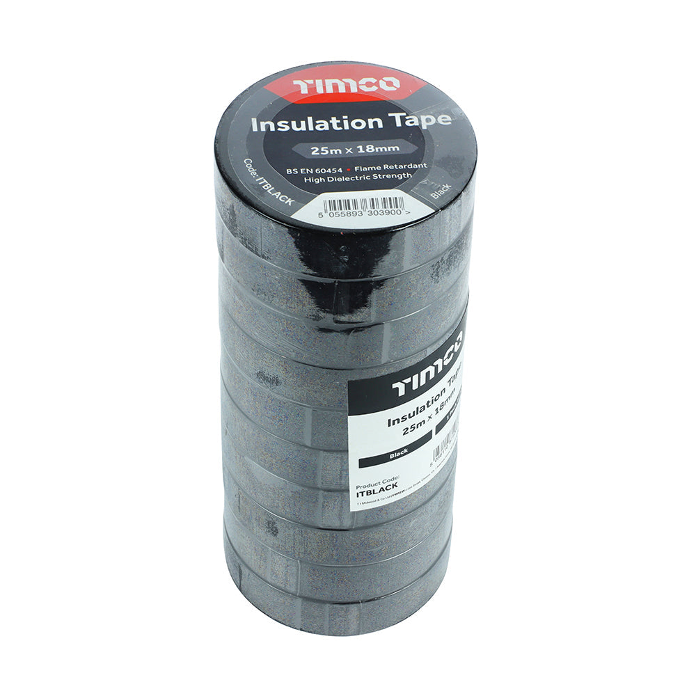 This is an image of Timco - PVC Insulation Tape - Black 25m x 18mm (10 PCS Roll Pack) PCSITBLACK