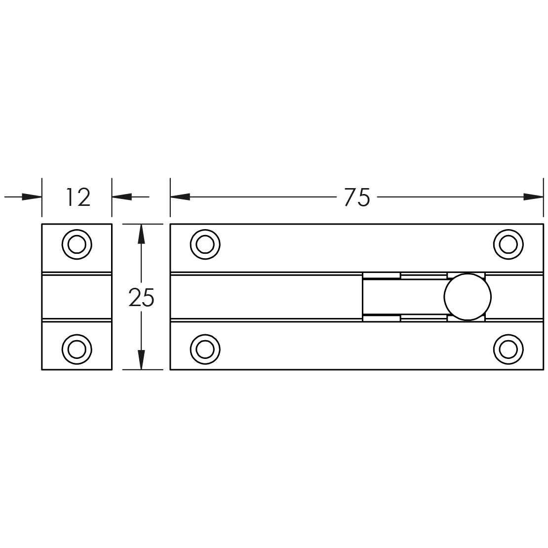 Technical drawing of of Frelan - Jedo Brass Straight Barrel Bolts 75x25mm Polished Chrome Sku. J1001CD