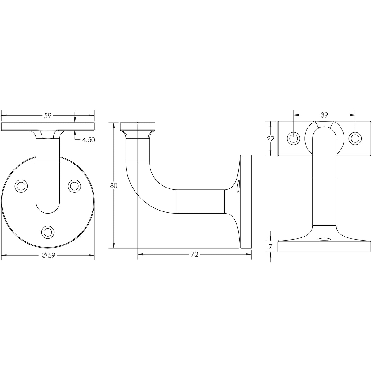 Technical drawing of of Frelan - Aluminium Hand Rail Brackets 63mm Satin Anodised Aluminium Sku. J1413A