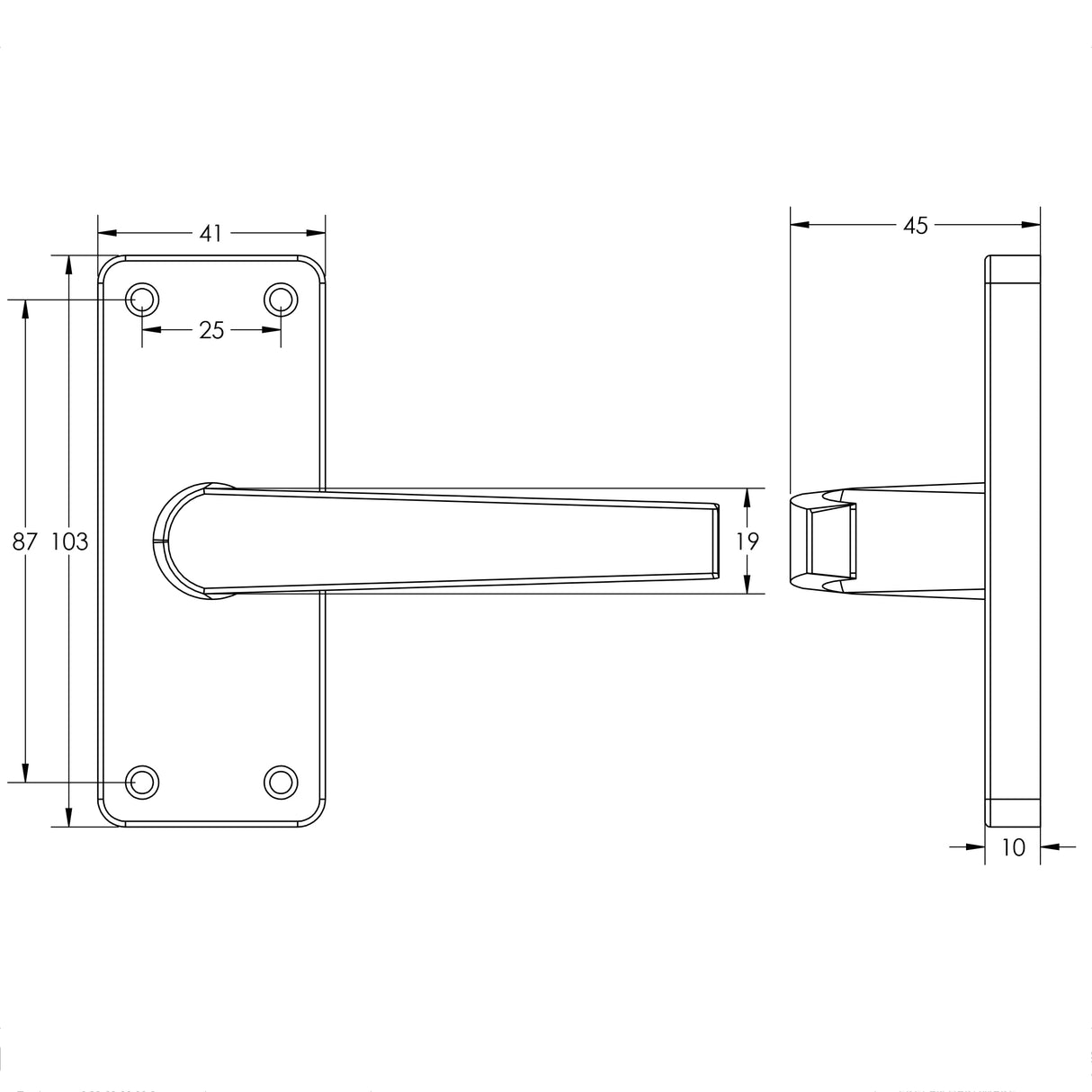 Technical drawing of of Frelan - Contract Door Handle on Short Latchplate Satin Anodised Aluminium Sku. J5600