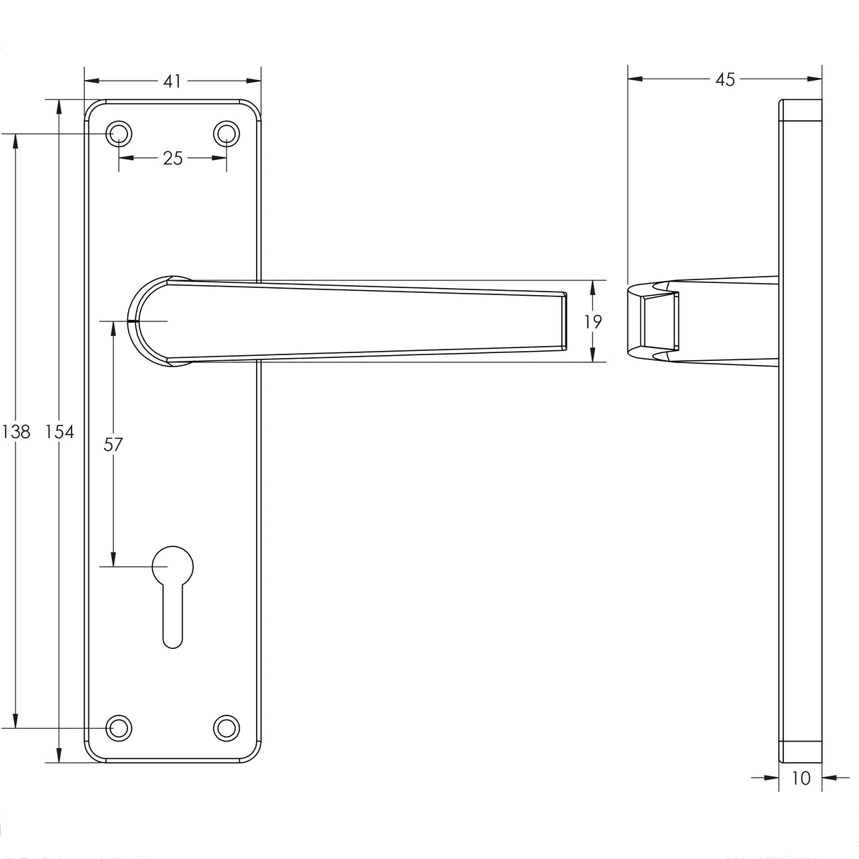 Technical drawing of of Frelan - Contract Door Handle on Lockplate Satin Anodised Aluminium Sku. J5601