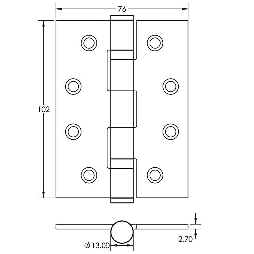 Technical drawing of of Frelan - Jedo Grade 11 Steel Ball Bearing Hinges 102x76mm Gun Metal Sku. J8500GM