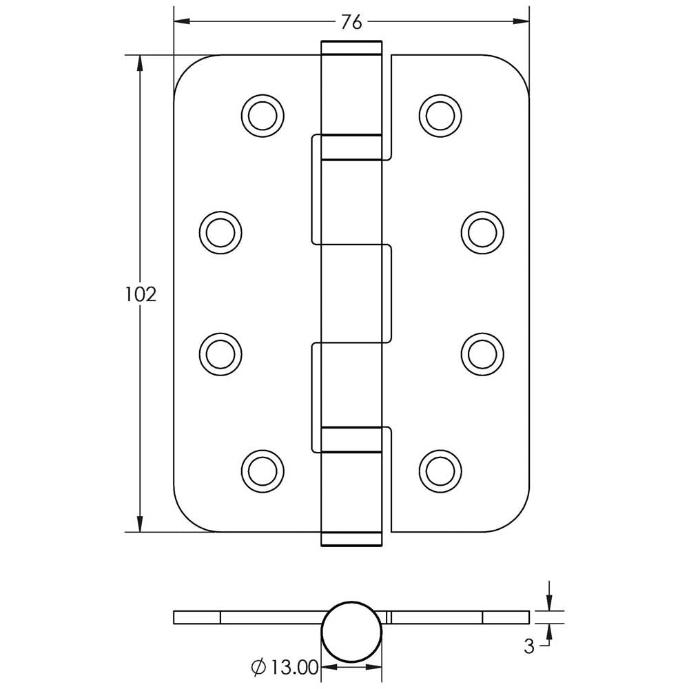 Technical drawing of of Frelan - Jedo Grade 11 Radiused Steel Ball Bearing Hinges 102x76mm Satin Nickel Sku. J8500RSN