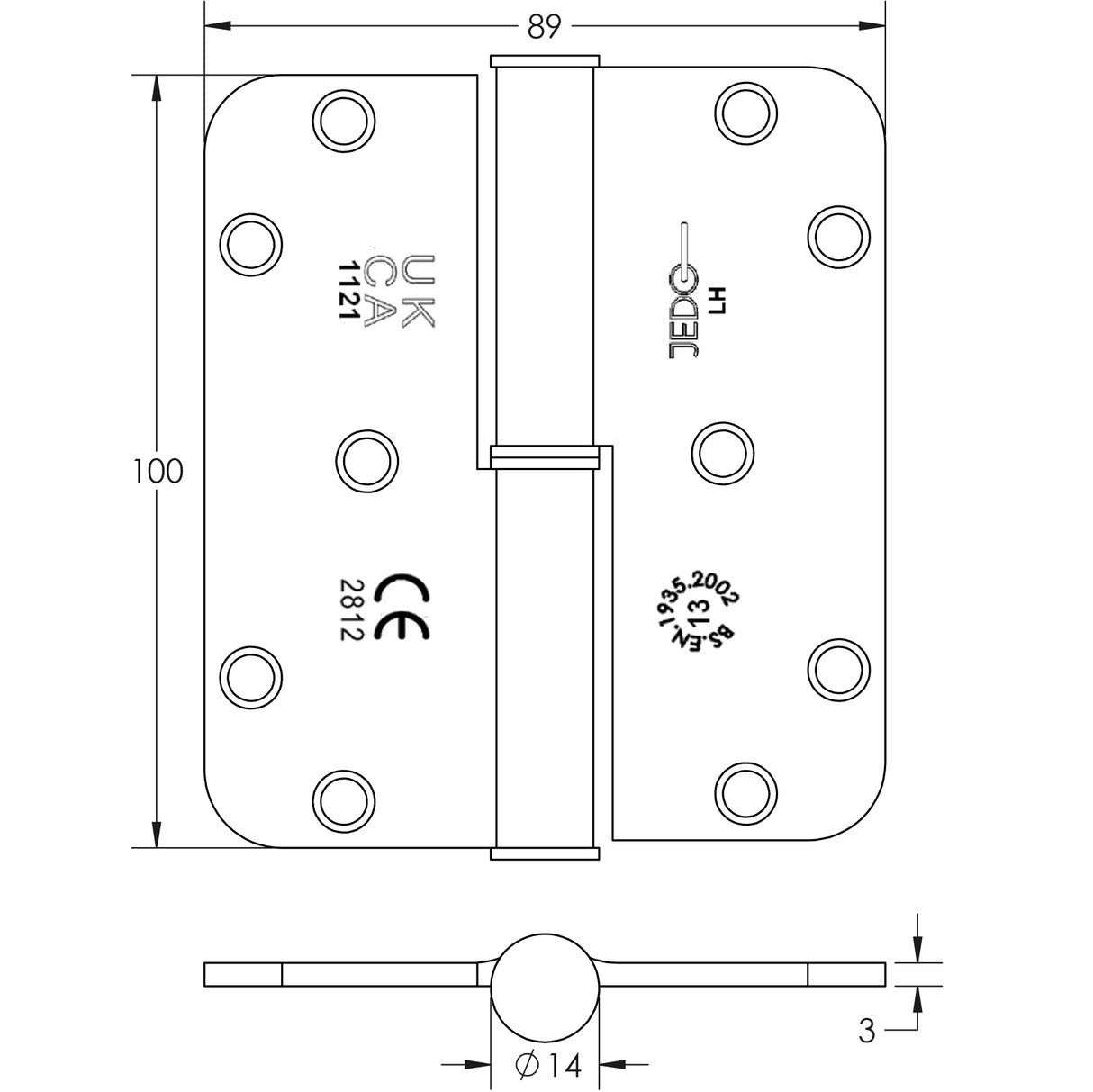 Technical drawing of of Frelan - Left Hand Lift Off hinge Grade 13 Satin Nickel Sku. J9200SNLH
