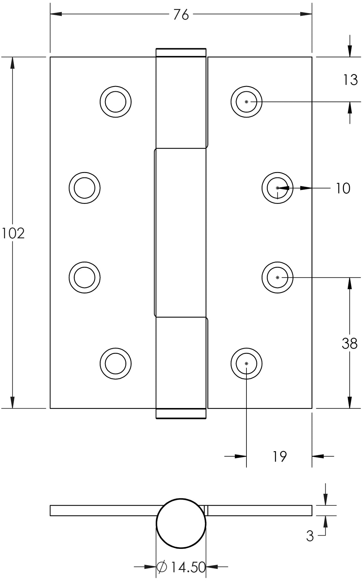 Technical drawing of of Frelan - Certifire Stainless Steel Grade 14 Concealed Bearing Hinge 102x76x3mm Satin Stainless Steel Sku. J9400SSS