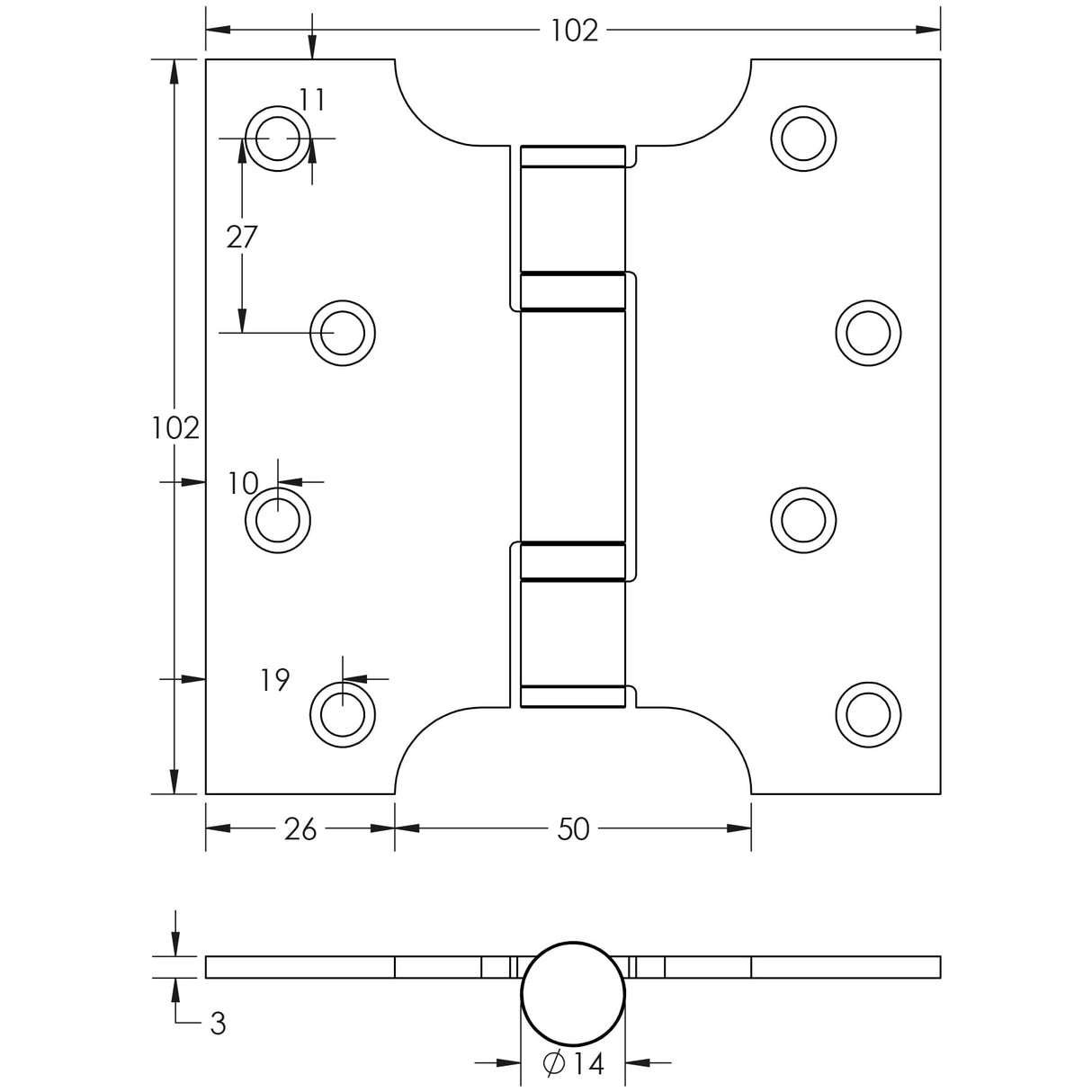 Technical drawing of of Frelan - Parliament Ball Bearing Hinge 102x102x3mm Brass Finish Sku. J9449PVD