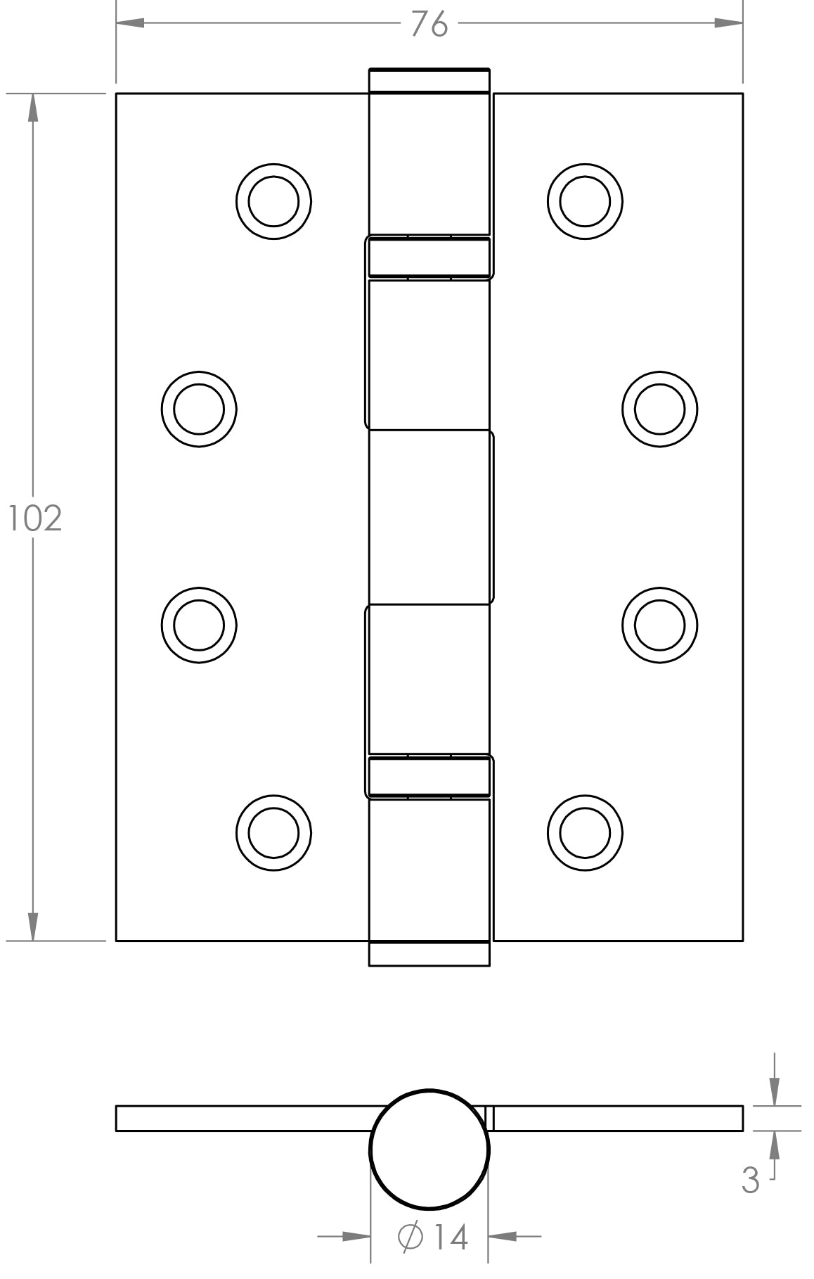 Technical drawing of of Frelan - Certifire Stainless Steel Grade 13 Ball Bearing Hinges 102x76x3mm Antique Brass Sku. J9500AB