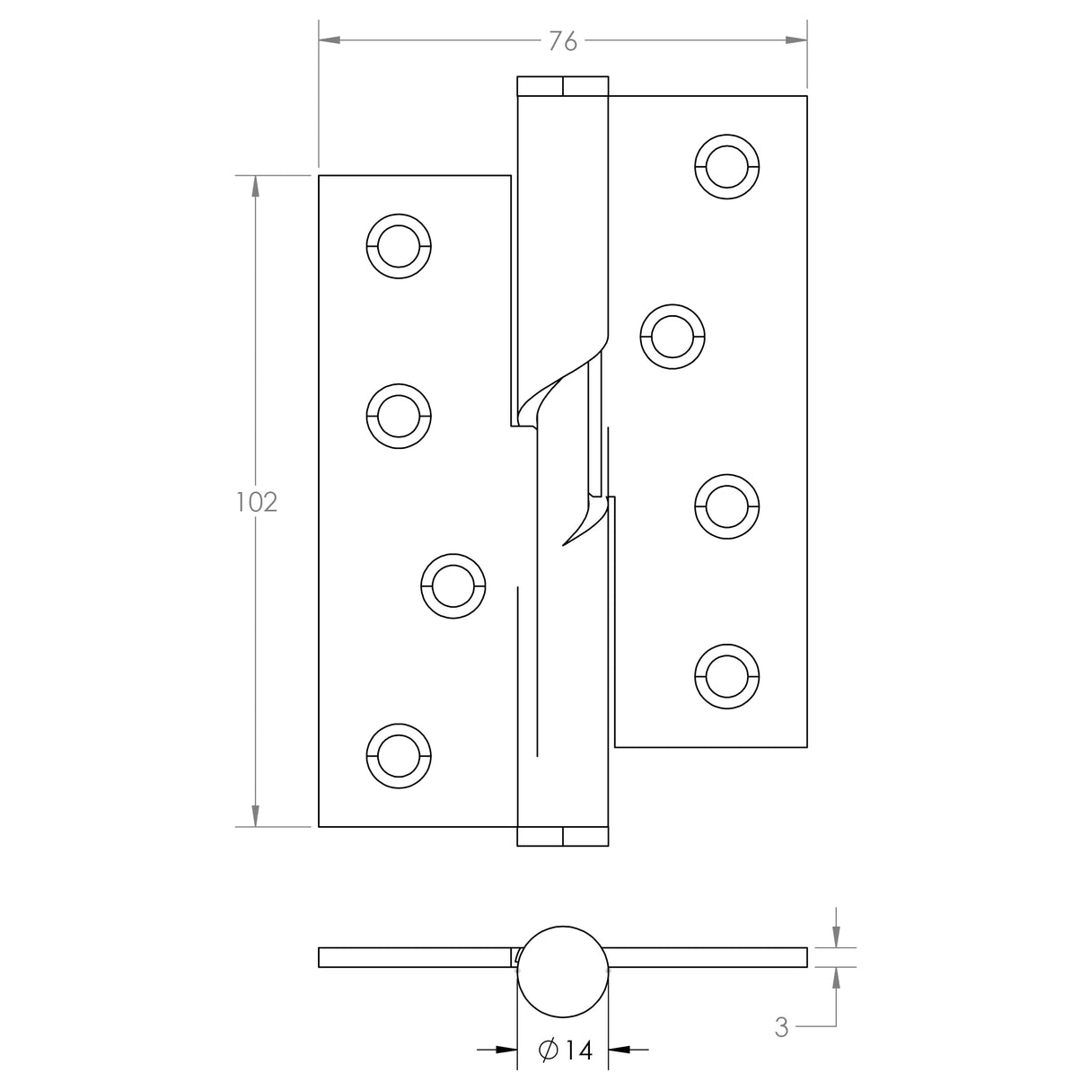 Technical drawing of of Frelan - Stainless Steel Rising Butt Hinges 102x76x3mm Polished Stainless Steel Sku. J9510LHPSS