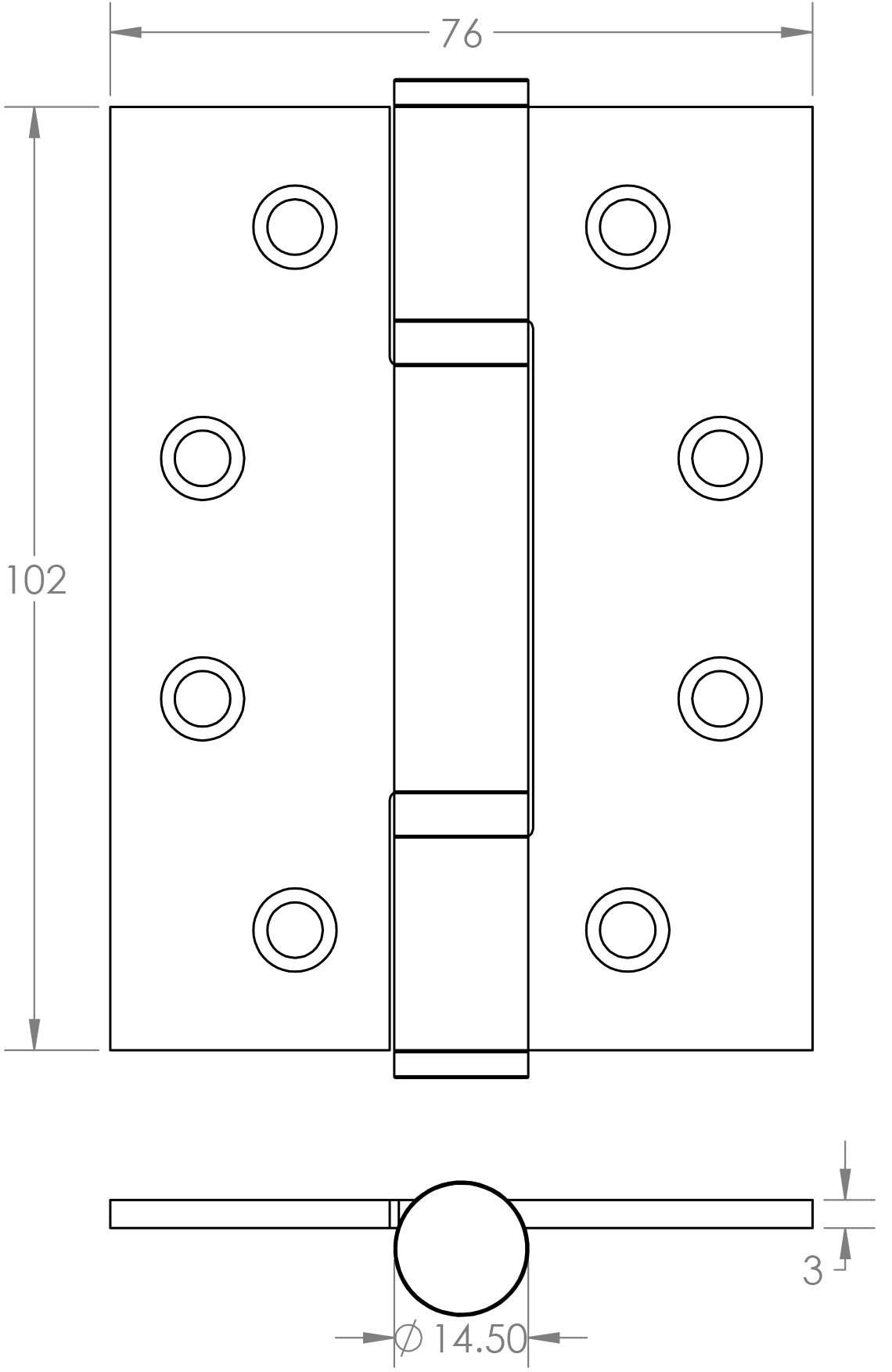 Technical drawing of of Frelan - Certifire Stainless Steel Grade 13 Polymer Bearing Hinge 3 Knuckle Brass Finish Sku. J9603PVD