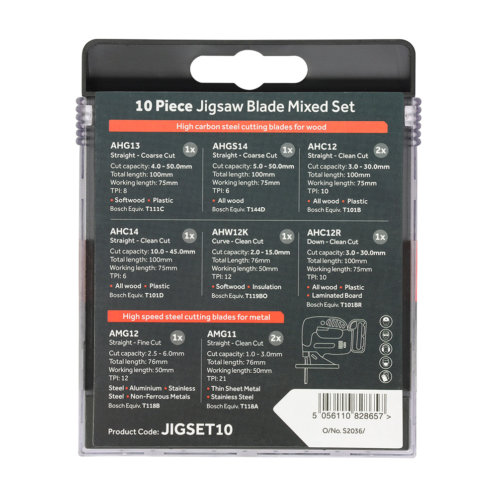 This is an image of Timco - Mixed Jigsaw Set - Wood & Metal Cutting - High Carbon Steel & HSS Blades Mixed (10 Pieces Case) JIGSET10