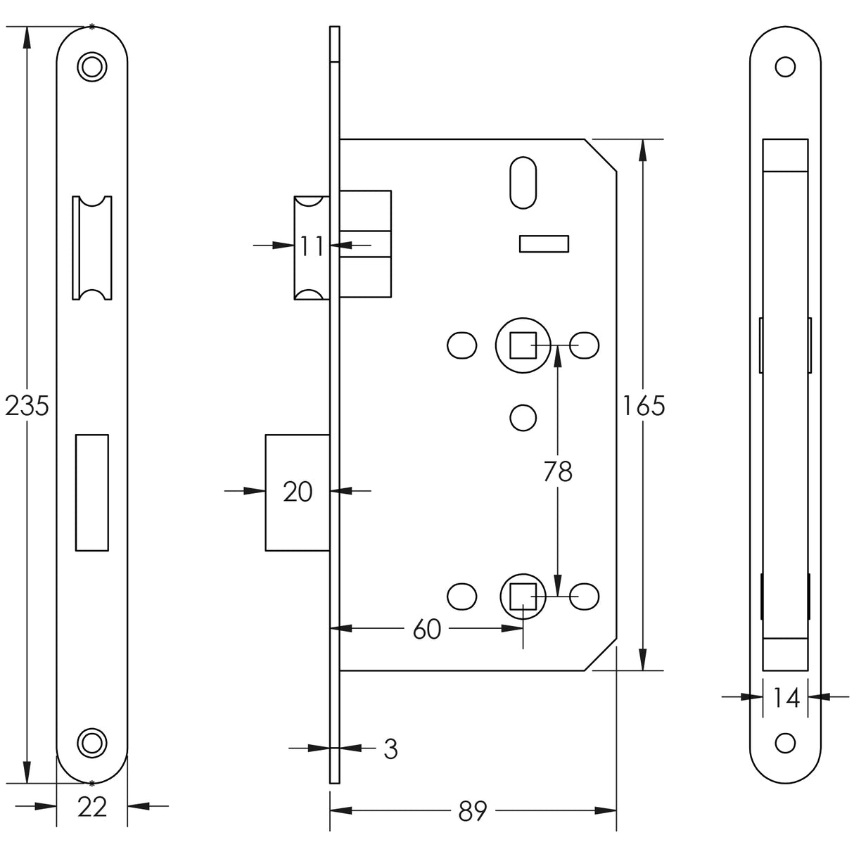 Technical drawing of of Frelan - Jedo 78mm Din Bathroom Locks 60mm Backset Radiused Satin Stainless Steel Sku. JL-DB60RSSS