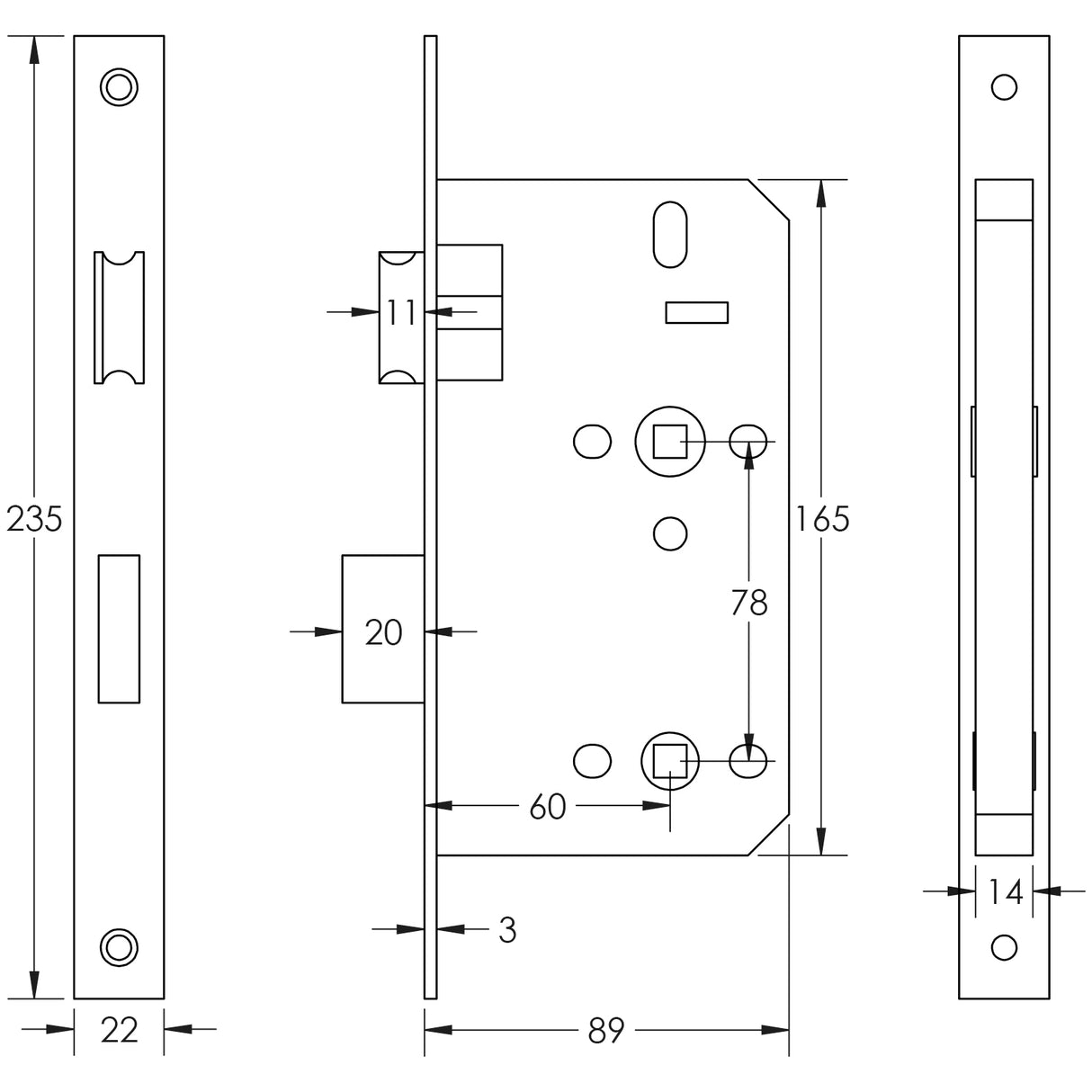 Technical drawing of of Frelan - Jedo 78mm Din Bathroom Locks 60mm Backset Dark Bronze Sku. JL-DB60DB