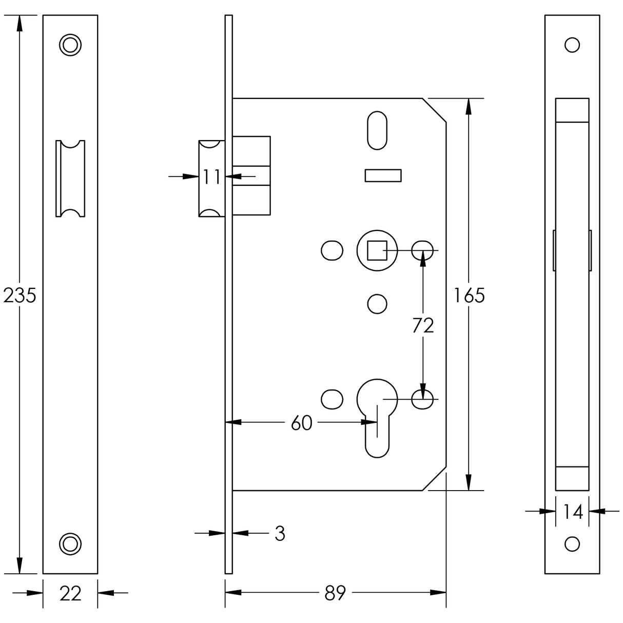 Technical drawing of of Frelan - 72mm Dark Bronze Din Euro Latch 60mm Backset Sku. JL-DL60DB