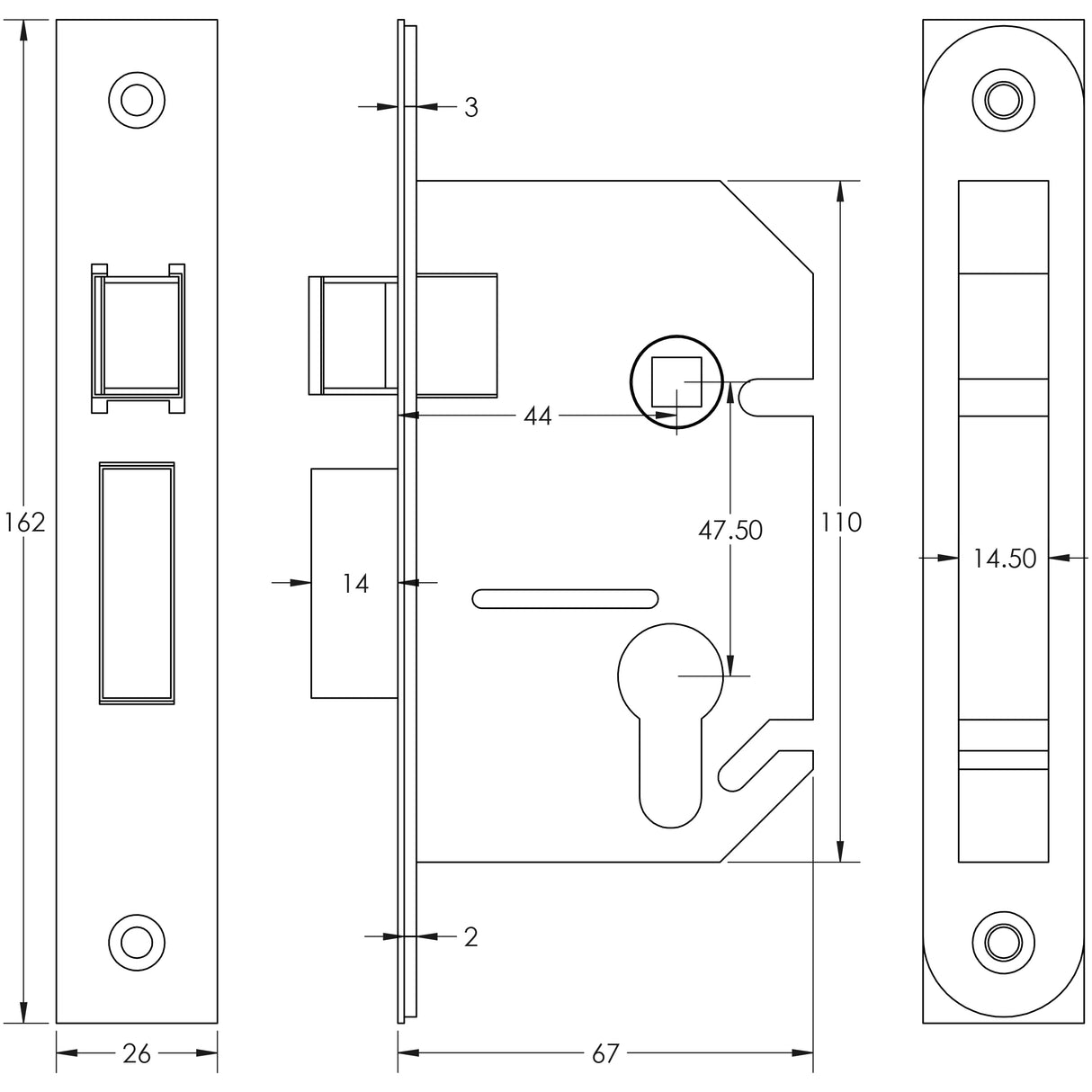 Technical drawing of of Frelan - Jedo Euro Profile Sashlocks 65mm Satin Chrome Sku. JL1050SC