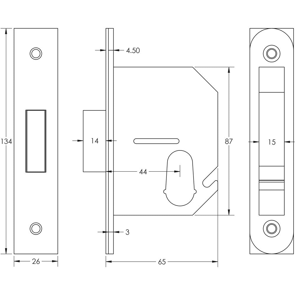 Technical drawing of of Frelan - Jedo Oval Profile Deadlocks 65mm Polished Chrome Sku. JL1062PC