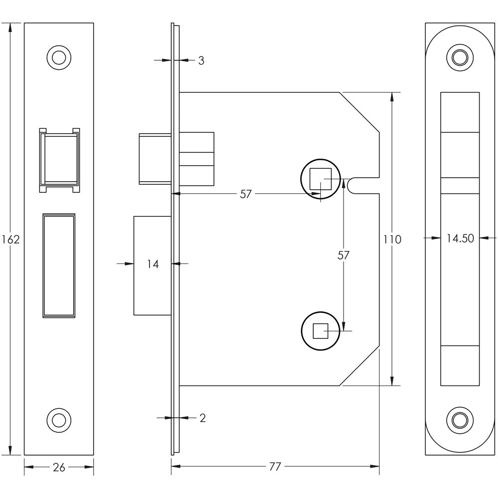 Technical drawing of of Frelan - Jedo Bathroom Locks 76mm Satin Chrome Sku. JL1072SC