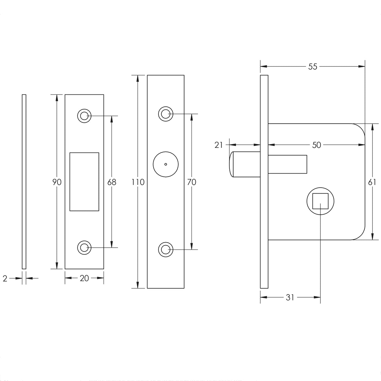 Technical drawing of of Frelan - Mortice Budget Lock & Key Sku. JL195NP
