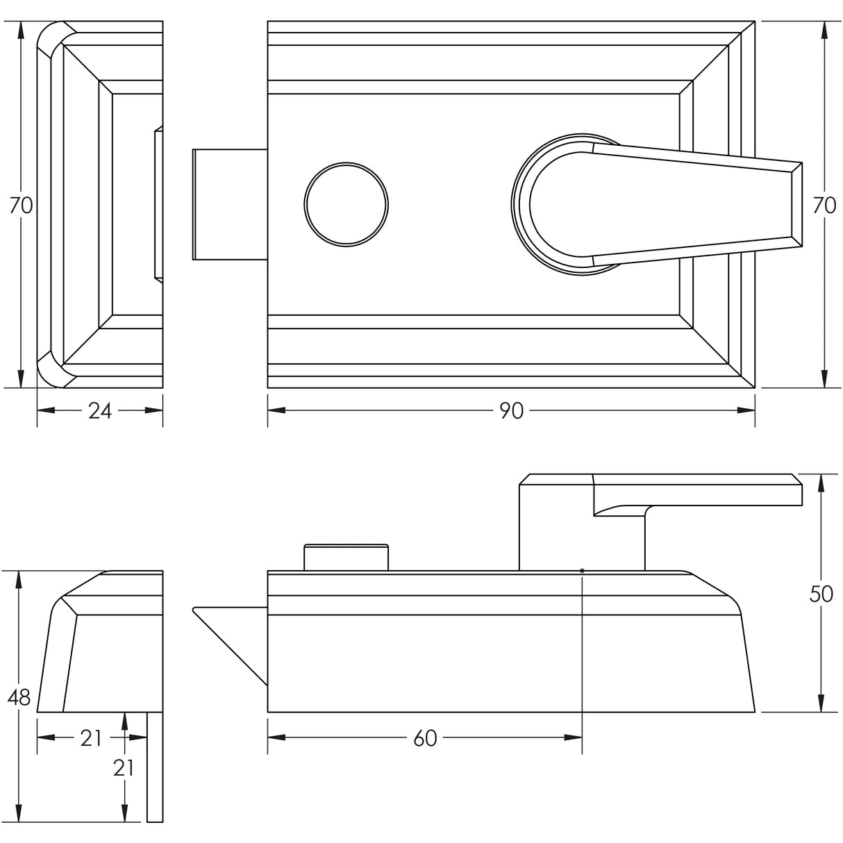 Technical drawing of of Frelan - Jedo Standard Stile Night Latches 90mm Satin Chrome Sku. JL5021SC