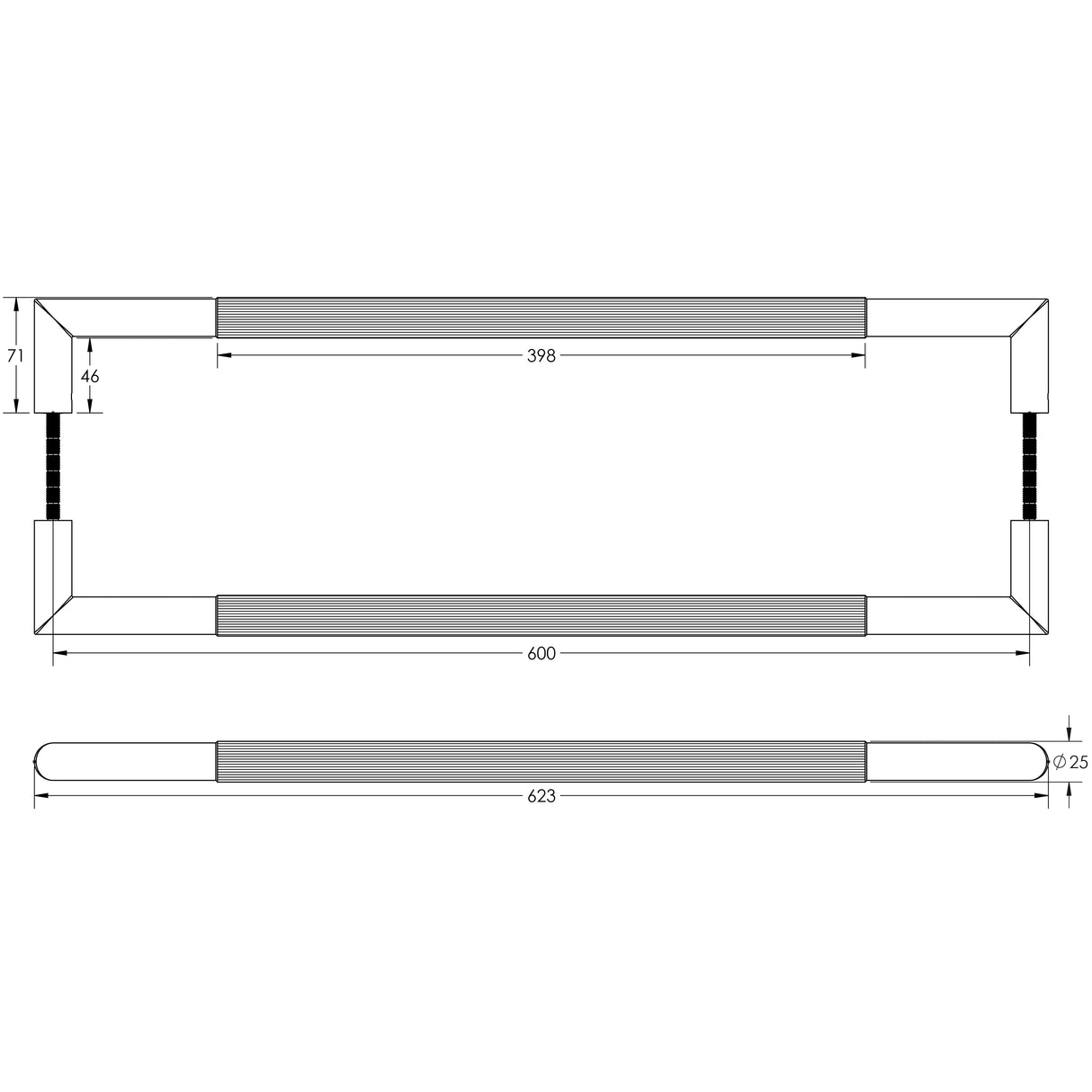 Technical drawing of of Frelan - Three One Six Linear Pull Handles 600x25mm Back to Back Black Sku. JMB15