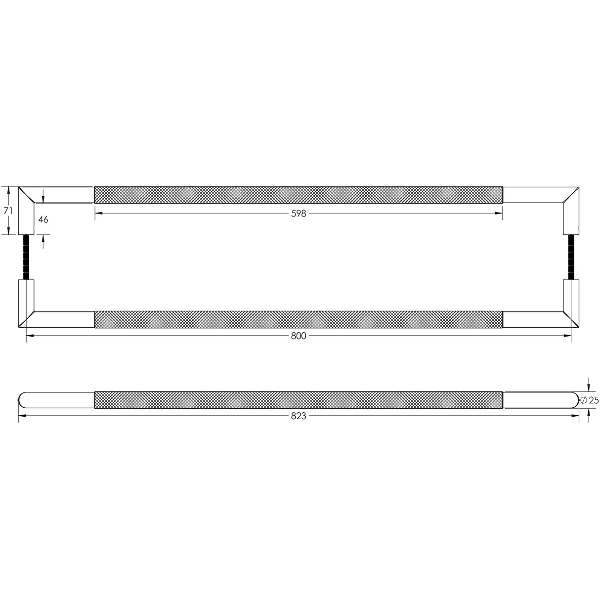 Technical drawing of of Frelan - Three One Six Diamond Pull Handles 800x25mm Back to Back Black Sku. JMB20