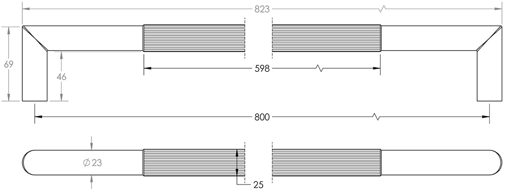 Technical drawing of of Frelan - Three One Six Linear Pull Handles 800x25mm Bolt Through Black Sku. JMB21