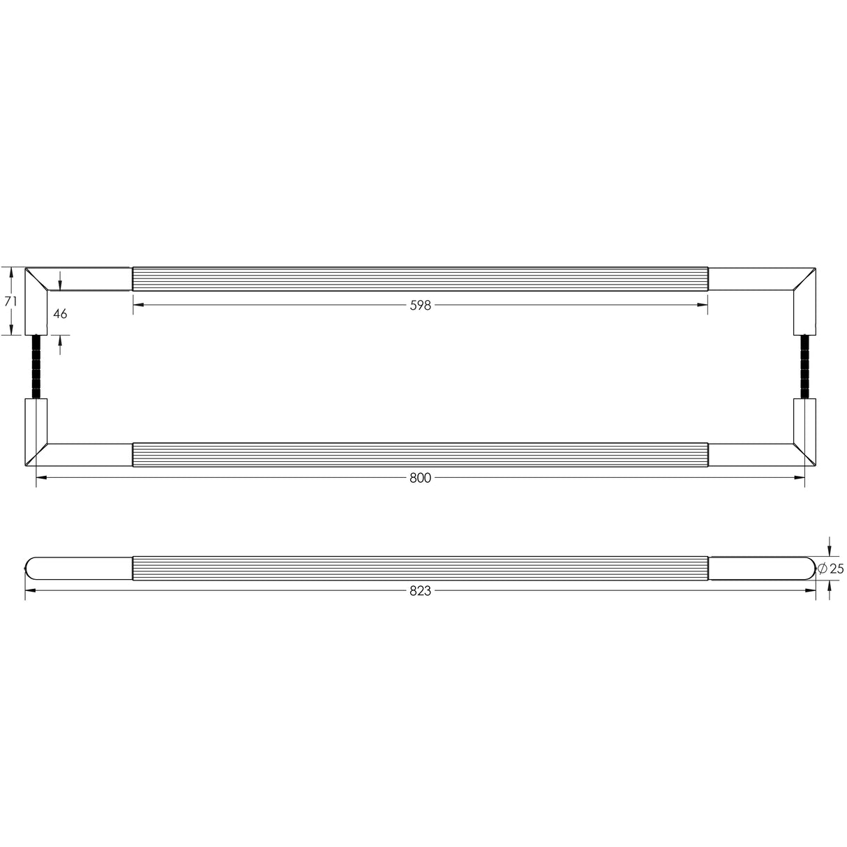 Technical drawing of of Frelan - Three One Six Linear Pull Handles 800x25mm Back to Back Black Sku. JMB22