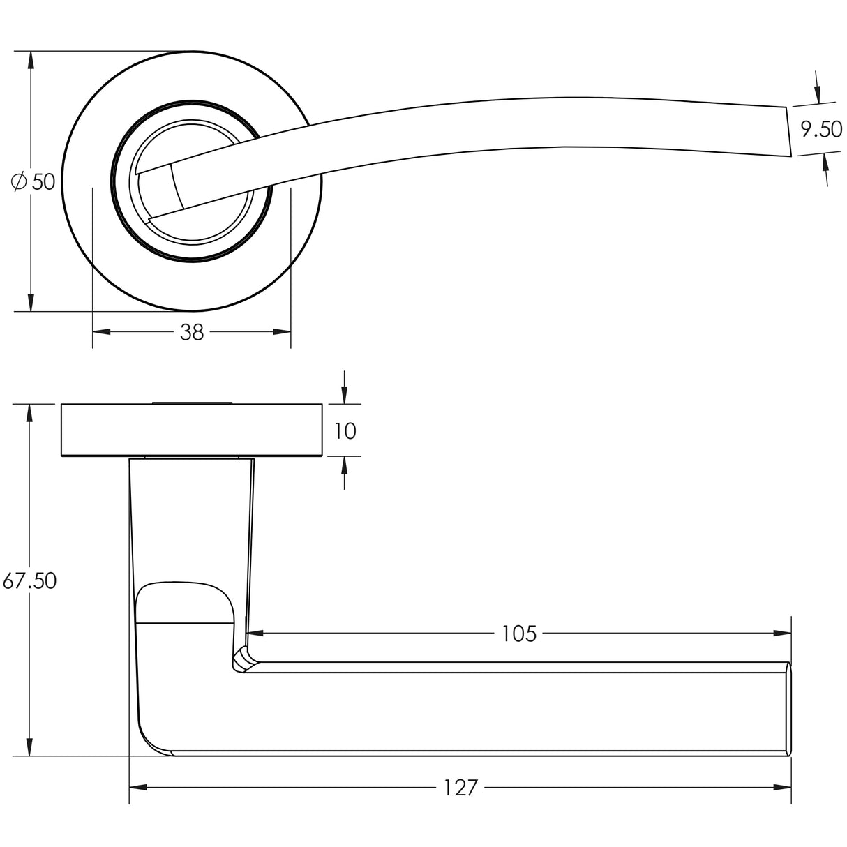 Technical drawing of of Frelan - Nero Noir Lever Black Door Handle Sku. JMB700