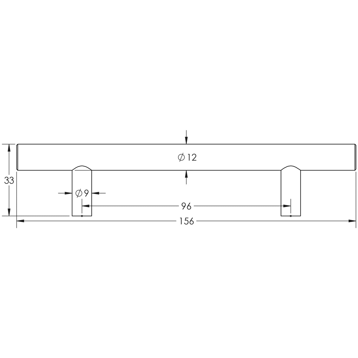 Technical drawing of of Frelan - Stainless Steel T Bar Cabinet Handles 156x12mm Satin Stainless Steel Sku. JSS110A