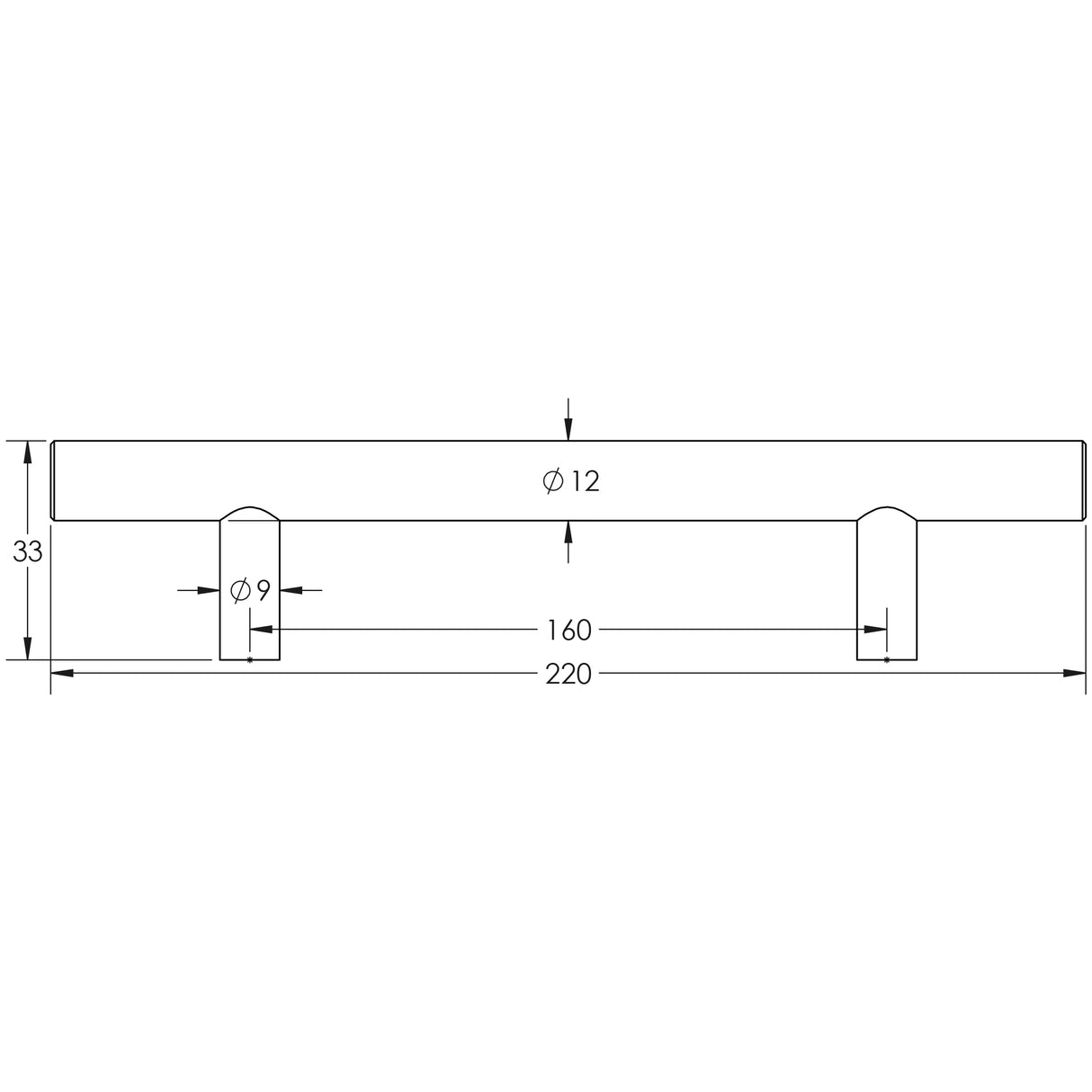 Technical drawing of of Frelan - Stainless Steel T Bar Cabinet Handles 220x12mm Satin Stainless Steel Sku. JSS110C