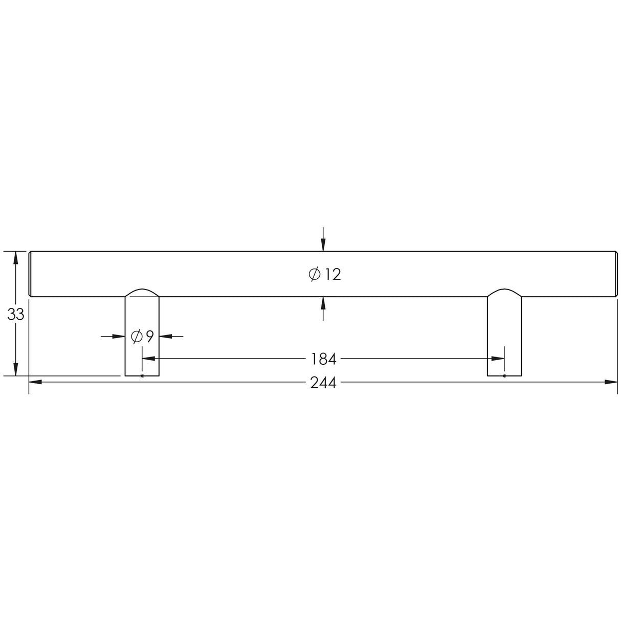 Technical drawing of of Frelan - Stainless Steel T Bar Cabinet Handles 244x12mm Satin Stainless Steel Sku. JSS110D