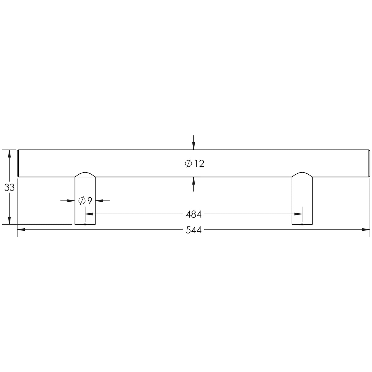 Technical drawing of of Frelan - Stainless Steel T Bar Cabinet Handles 544x12mm Satin Stainless Steel Sku. JSS112E