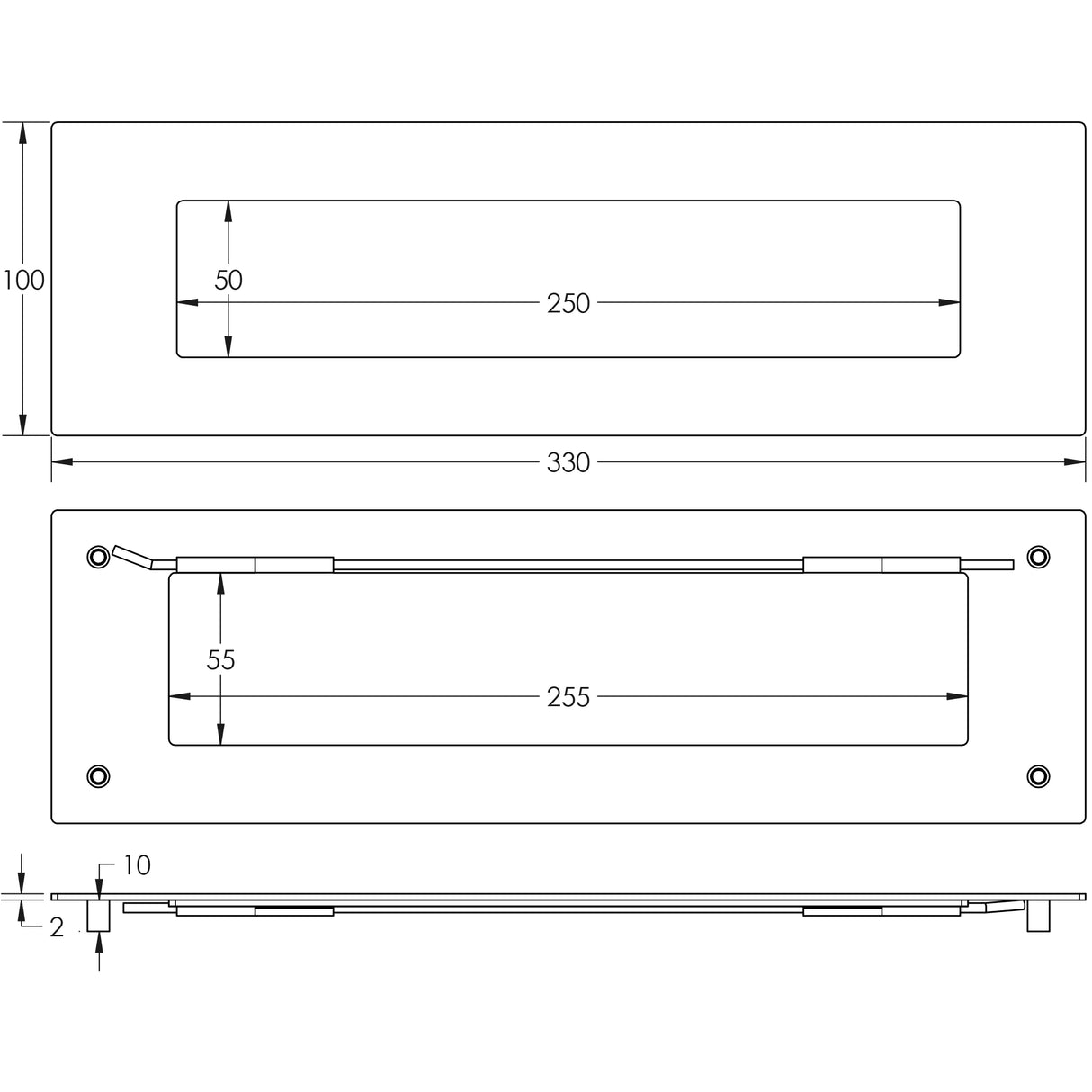 Technical drawing of of Frelan - Stainless Steel Letterplates 330x100mm Satin Stainless Steel Sku. JSS3009
