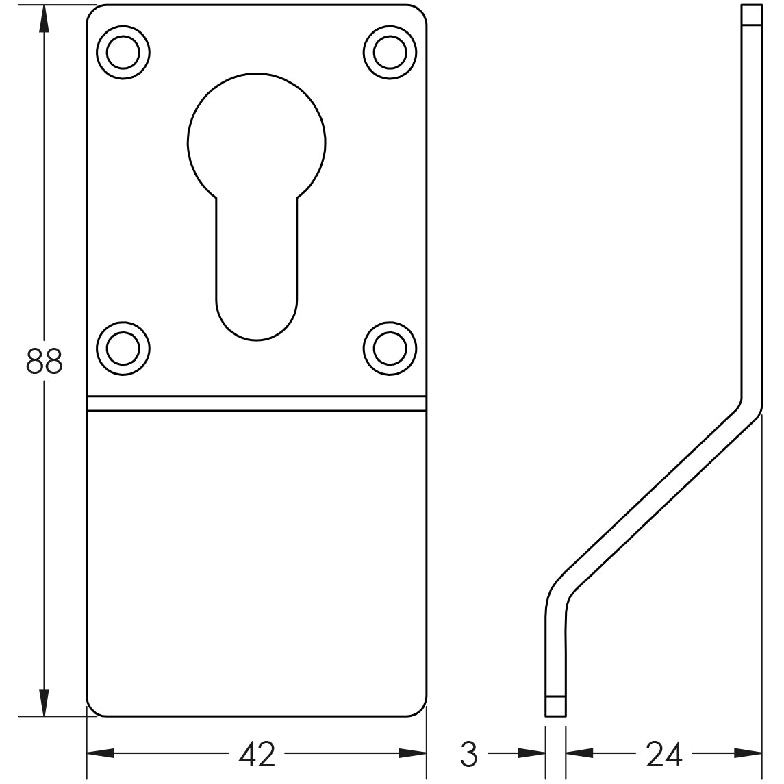Technical drawing of of Frelan - Cylinder Pull for Euro Profile Cylinder Satin Stainless Steel Sku. JSS40E