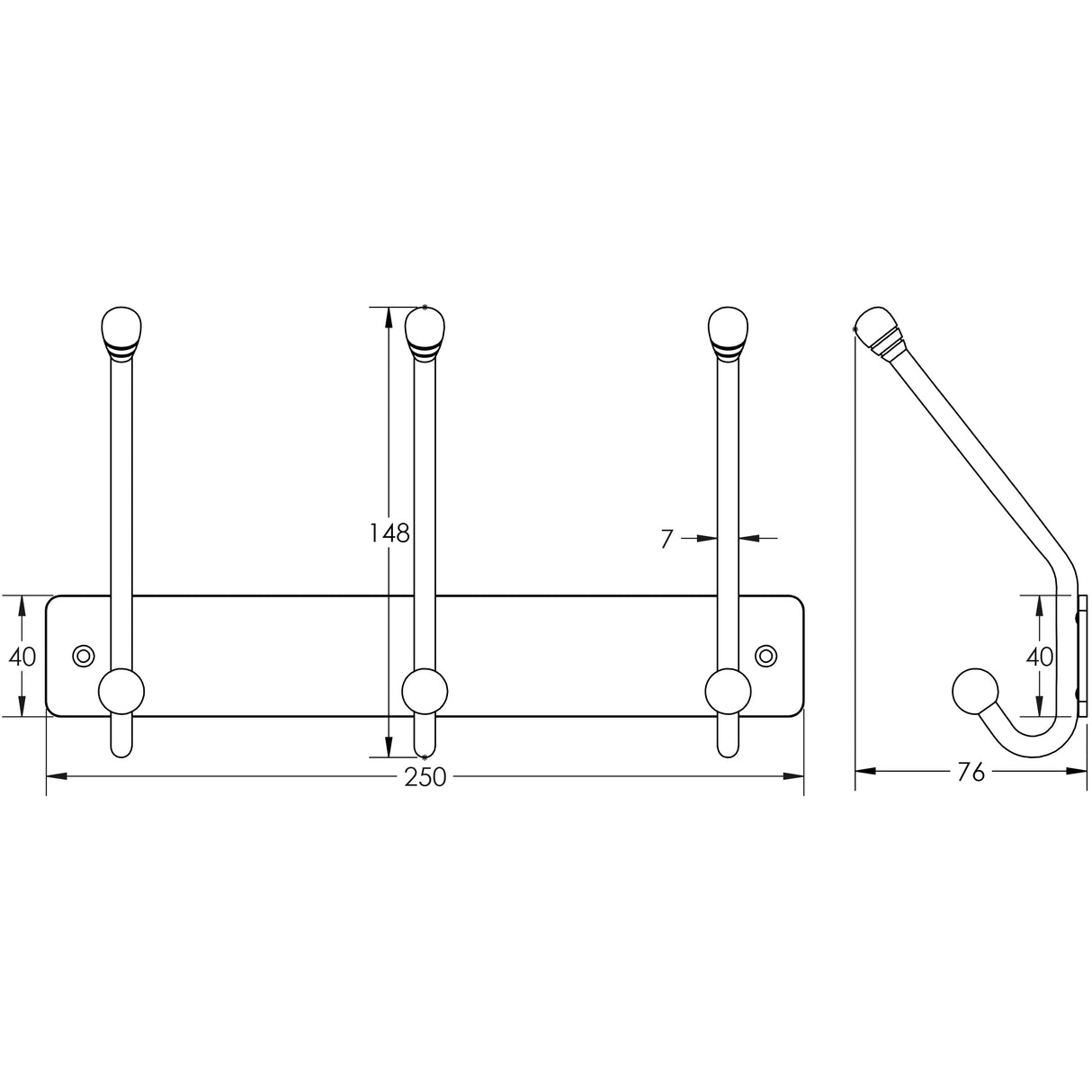 Technical drawing of of Frelan - Stainless Steel Multi Hook Units 250mm Satin Stainless Steel Sku. JSS800