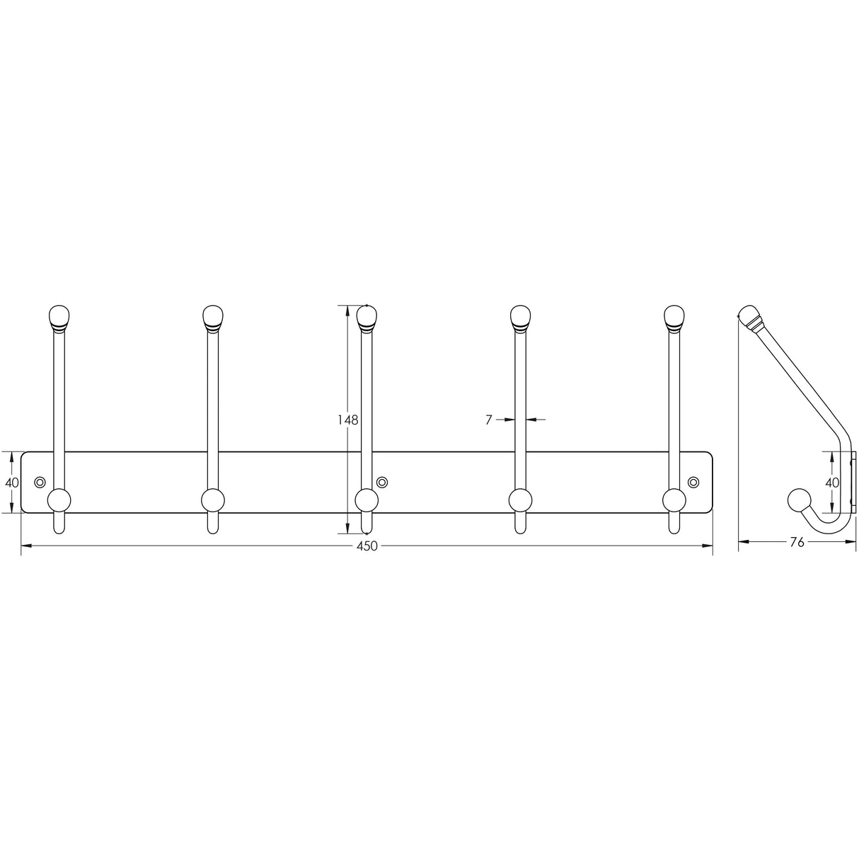 High quality image of Frelan - 5 Hook 450x40mm Grade 304 - Satin Stainless Steel | Sku. fh-jss801 | Trade Door Handles.
