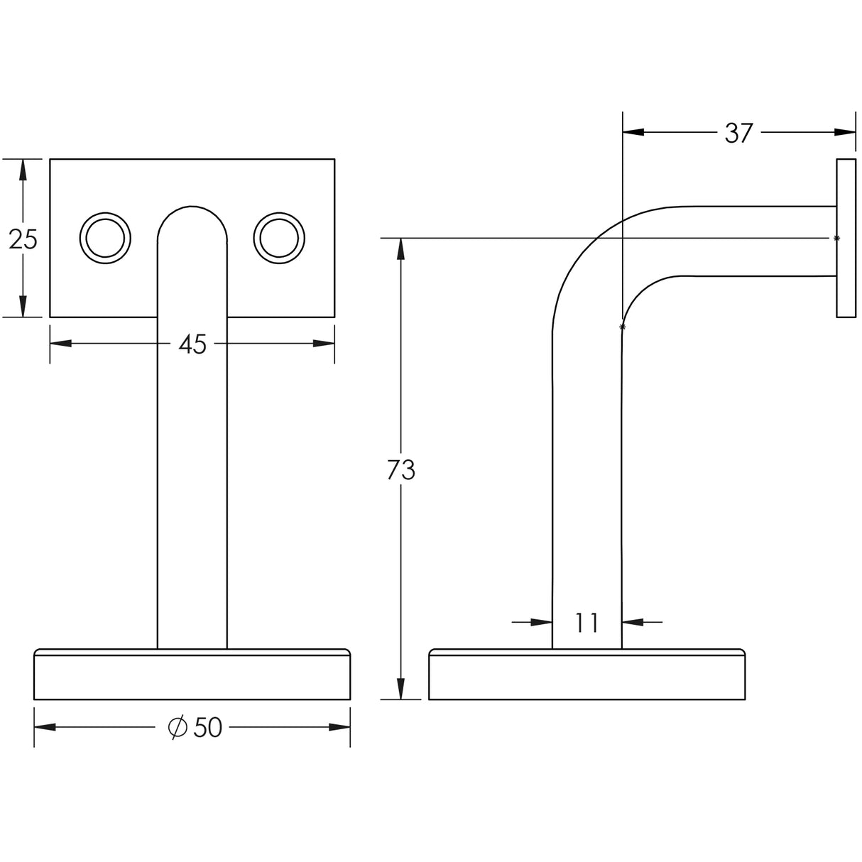 Technical drawing of of Frelan - Stainless Steel Hand Rail Brackets 75mm Satin Stainless Steel Sku. JSS85H