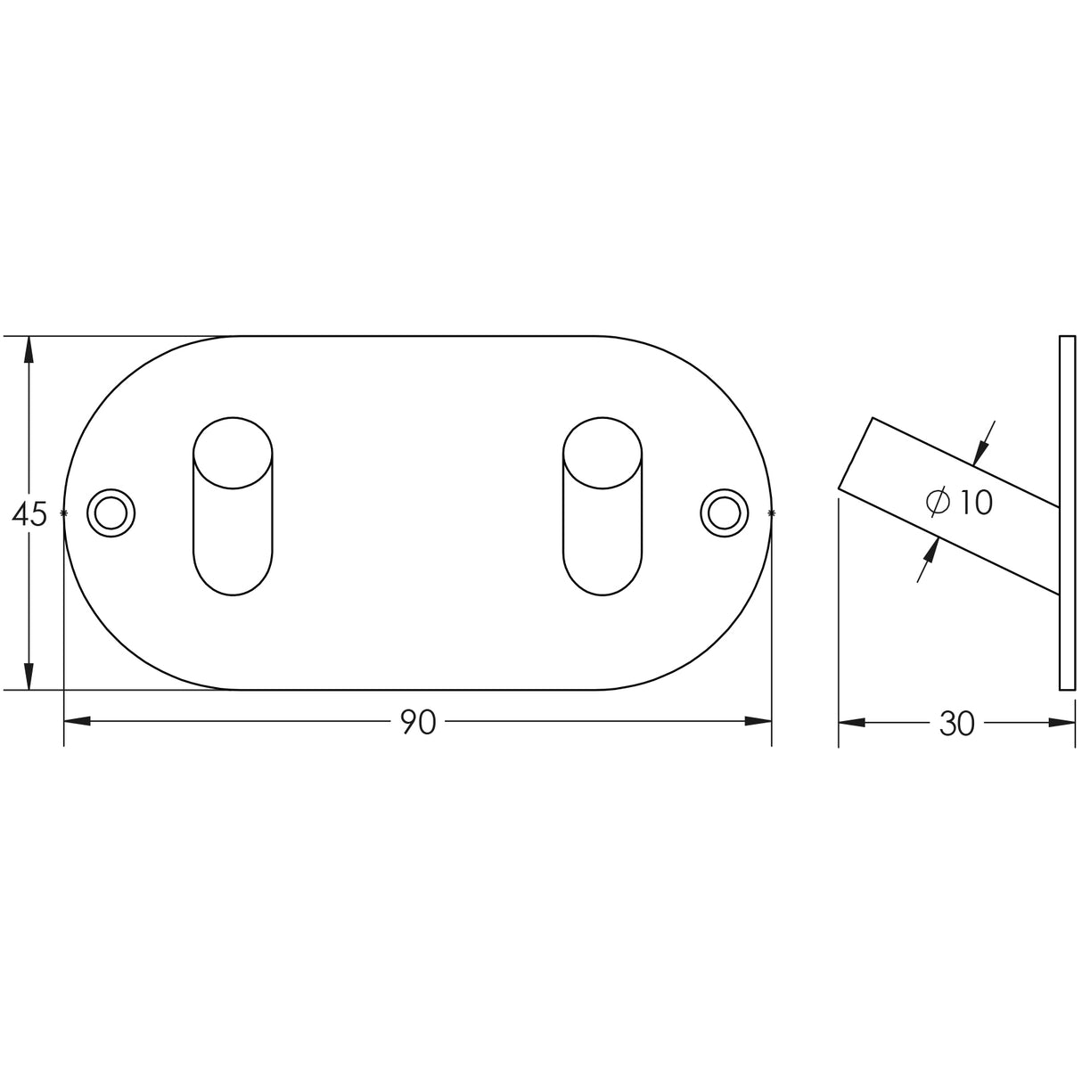 Technical drawing of of Frelan - Double Robe Hook 90x45mm Satin Stainless Steel Sku. JSS902C