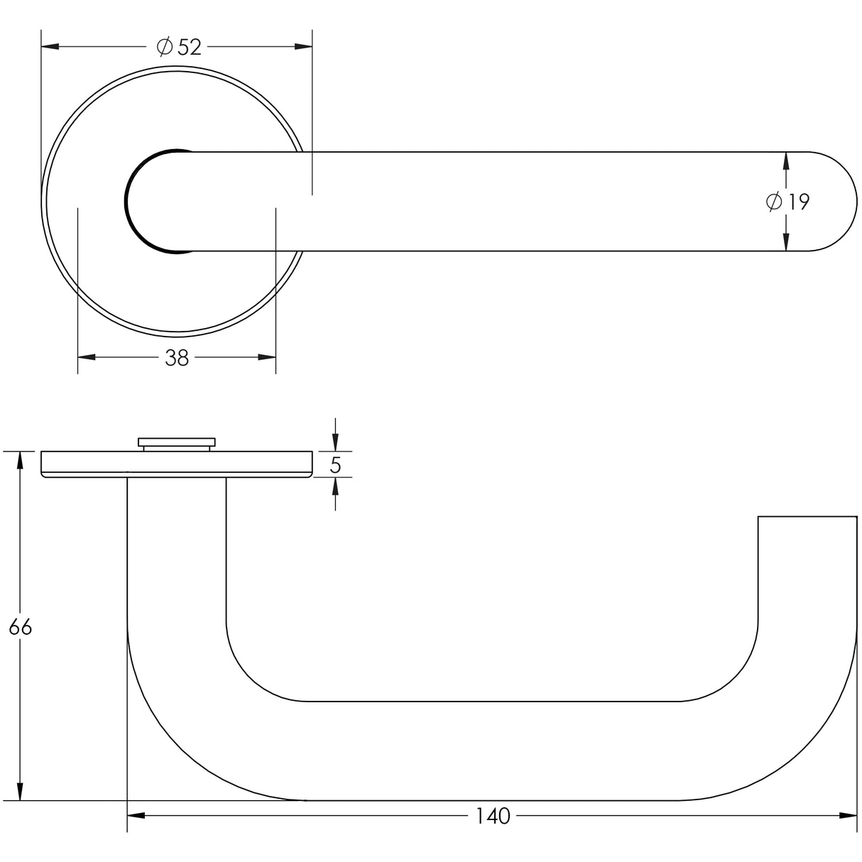 Technical drawing of of Frelan - Orbit 19mm Door Handle on 5mm Sprung Rose Grade 304 Satin Stainless Steel Sku. JSS01