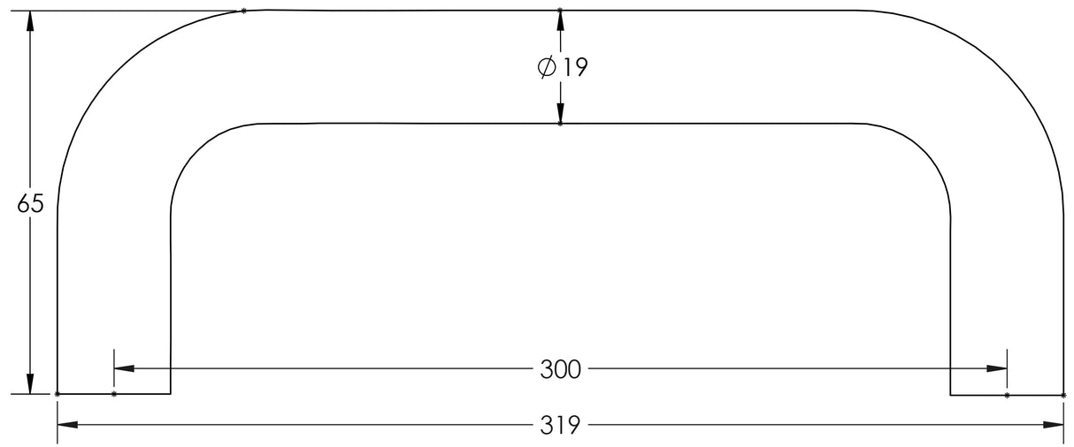 Technical drawing of of Frelan - Stainless Steel 19mm D Shape Pull Handles Grade 304 B/T Fixing 300x19mm Satin Stainless Steel Sku. JSS119C