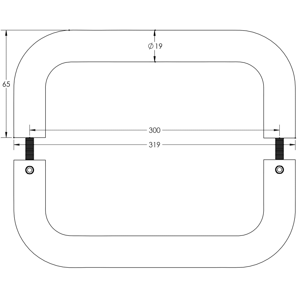 Technical drawing of of Frelan - Stainless Steel 19mm D Shape Pull Handles B2B Fixing 300x19mm Satin Stainless Steel Sku. JSS120C