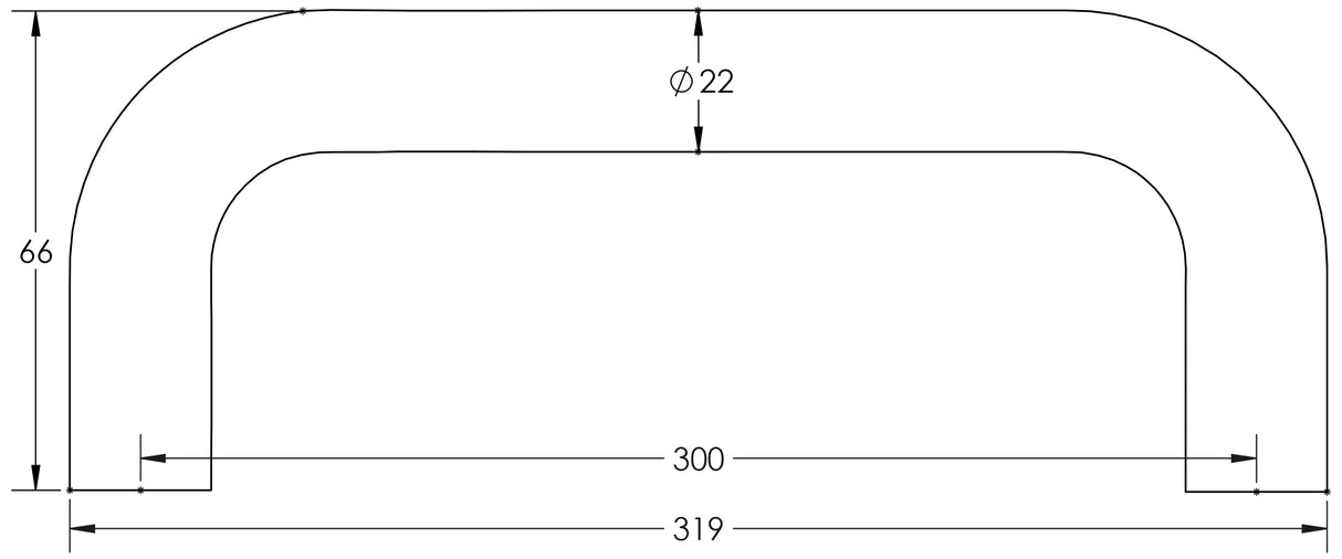 Technical drawing of of Frelan - Stainless Steel 22mm D Shape Pull handles Grade 304 300x22mm Satin Stainless Steel Sku. JSS122B