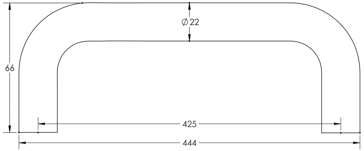 Technical drawing of of Frelan - Stainless Steel 22mm D Shape Pull handles Grade 304 425x22mm Satin Stainless Steel Sku. JSS122C