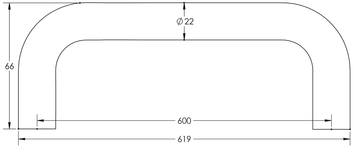 Technical drawing of of Frelan - Stainless Steel 22mm D Shape Pull handles Grade 304 600x22mm Satin Stainless Steel Sku. JSS122D