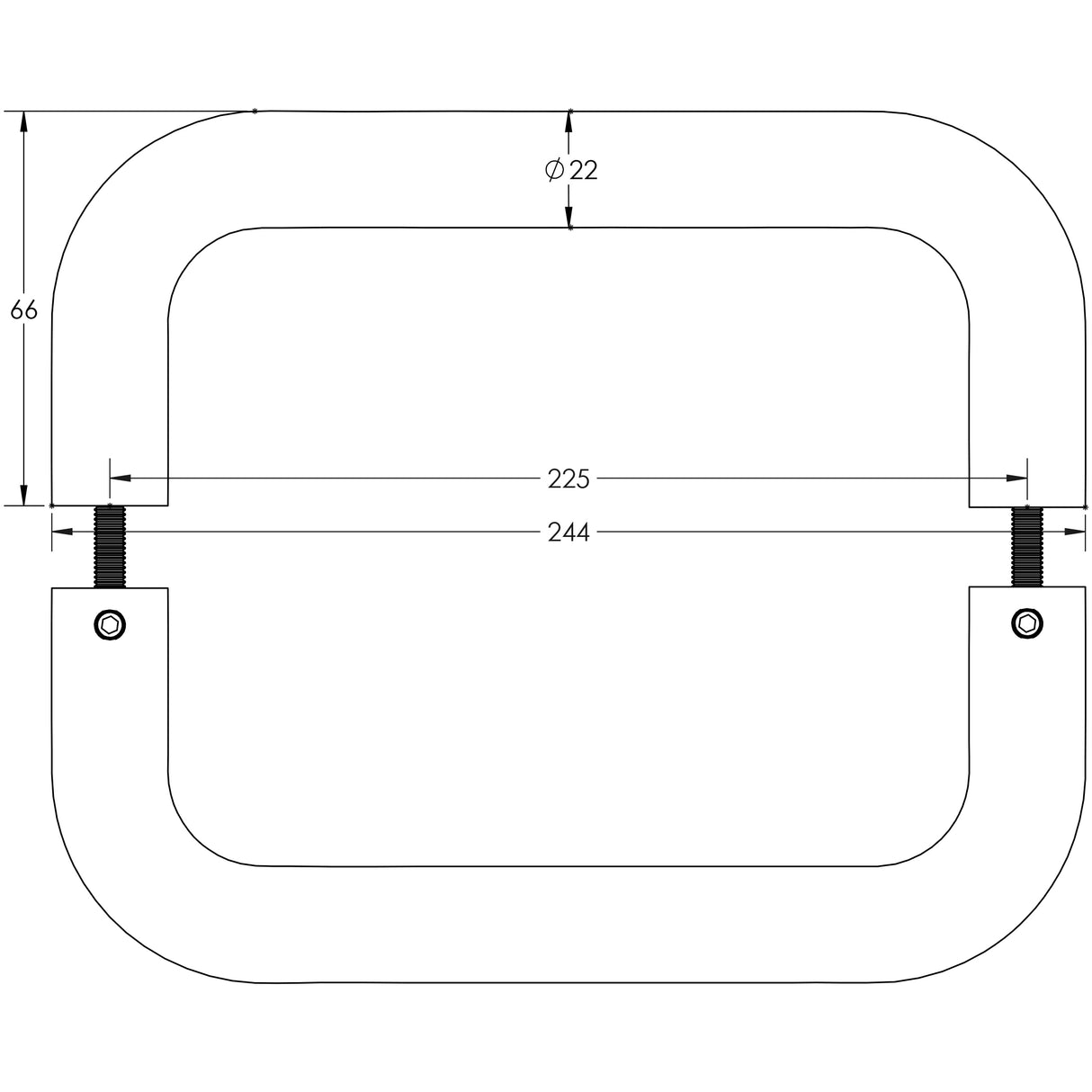 Technical drawing of of Frelan - Stainless Steel 22mm D Shape Pull Handles B2B Fixing 225x22mm Satin Stainless Steel Sku. JSS123A