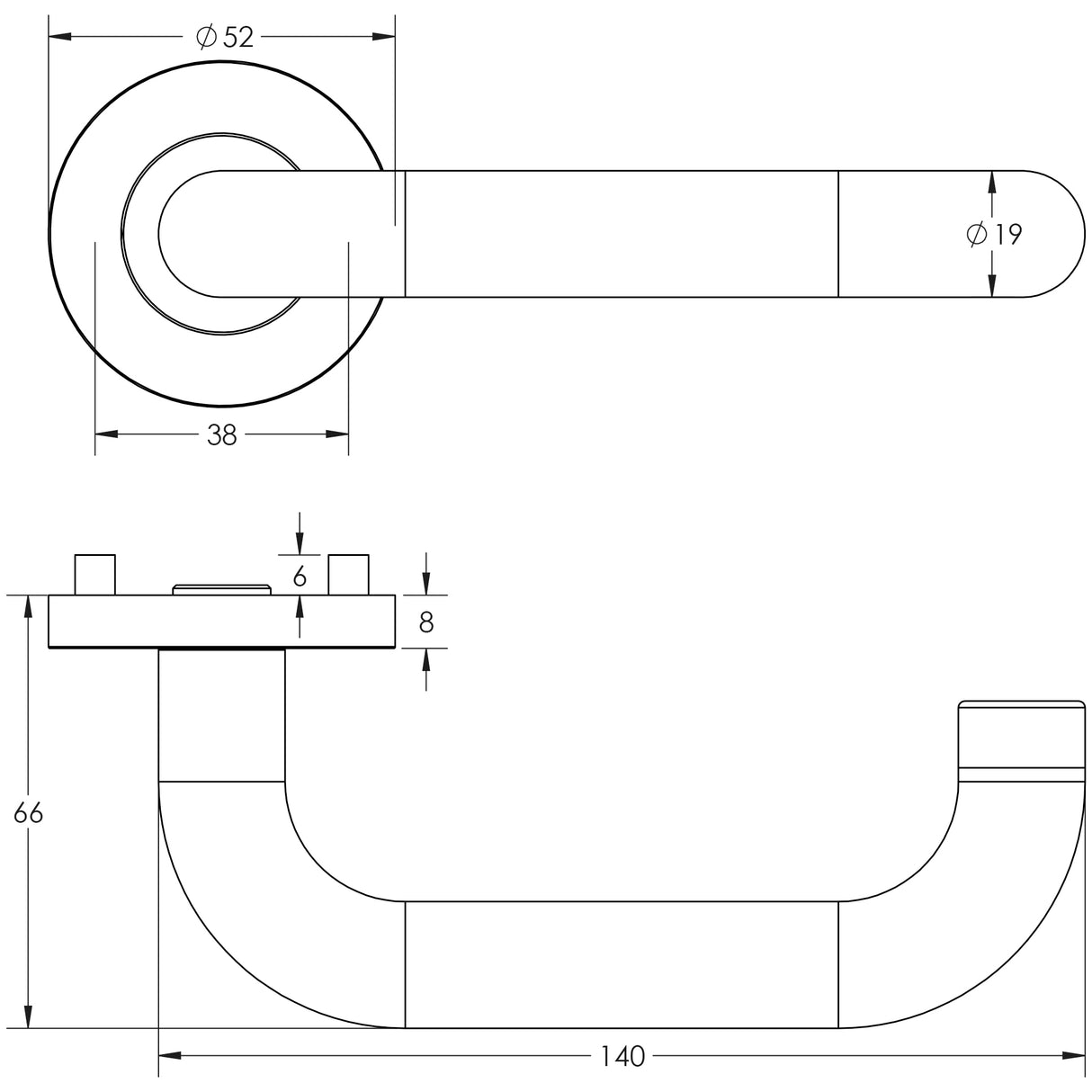 Technical drawing of of Frelan - Venus 19mm Door Handle on Rose Grade 304 Sku. JSS134