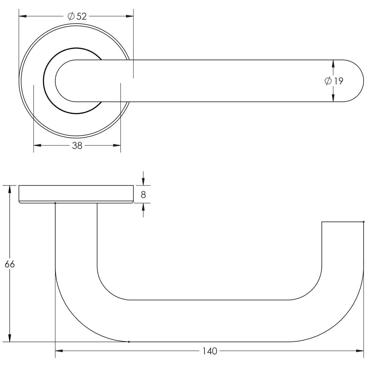 Technical drawing of of Frelan - Orbit 19mm Door Handle on 8mm Sprung Rose Grade 304 Satin Stainless Steel Sku. JSS13