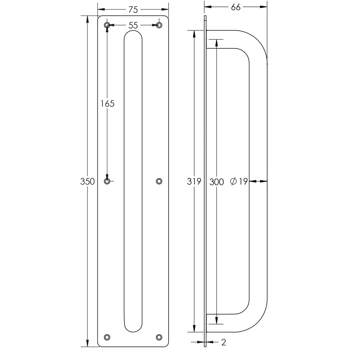 Technical drawing of of Frelan - Stainless Steel Pull Handles w/ Plate 300x19mm Satin Stainless Steel Sku. JSS1602