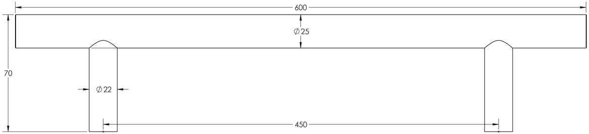 Technical drawing of of Frelan - Stainless Steel 25mm Guardsman Pull Handles B/T Fixing 600x25x450mm Satin Stainless Steel Sku. JSS222B