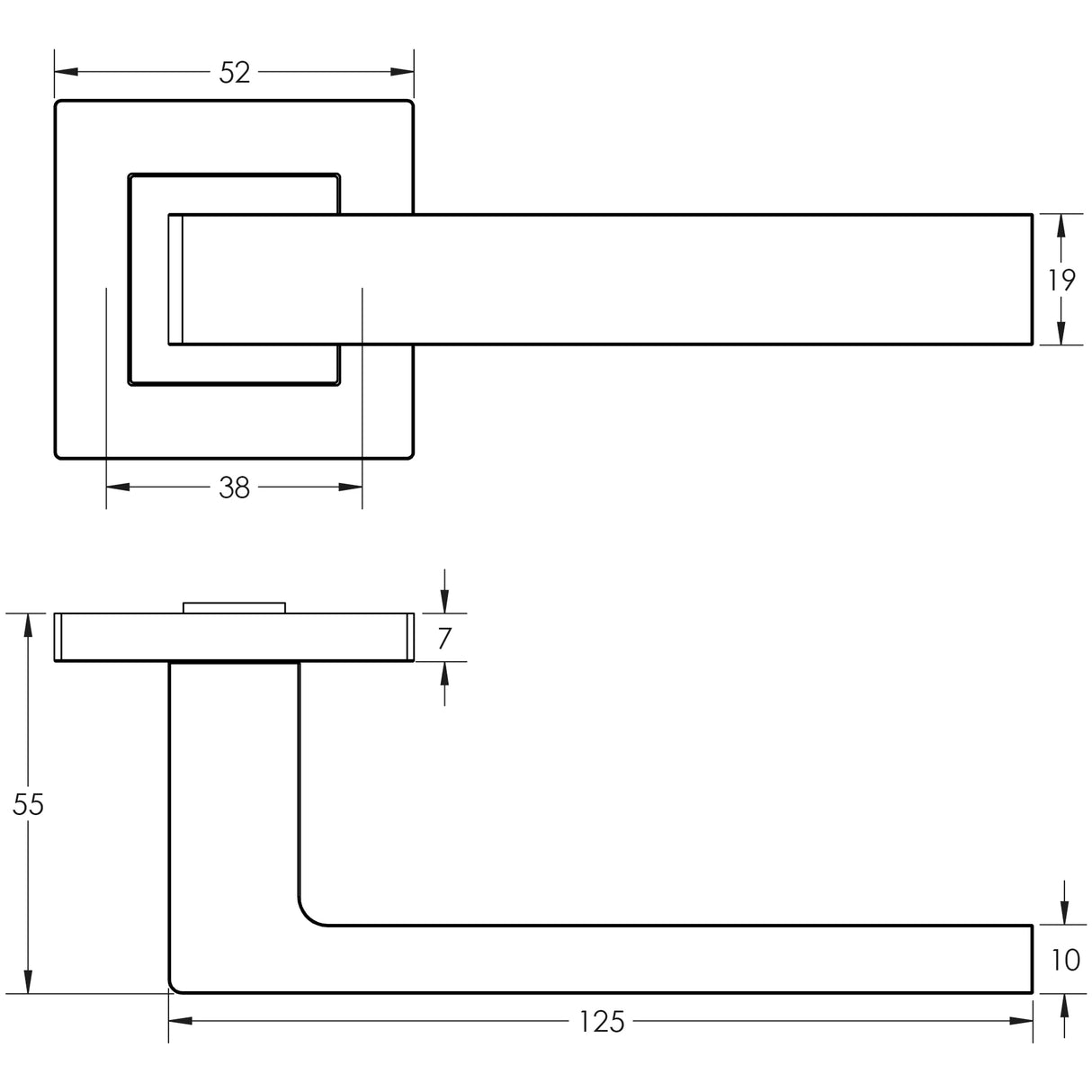 Technical drawing of of Frelan - Sirius Door Handle on Rose Grade 304 Satin Stainless Steel Sku. JSS280